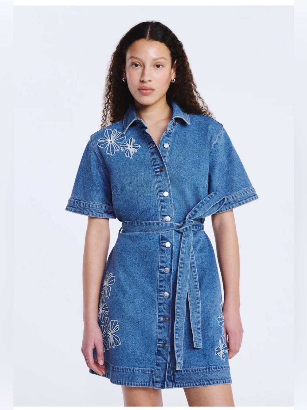 Free Assembly Women's Embroidered Denim Mini Shirtdress with Belt